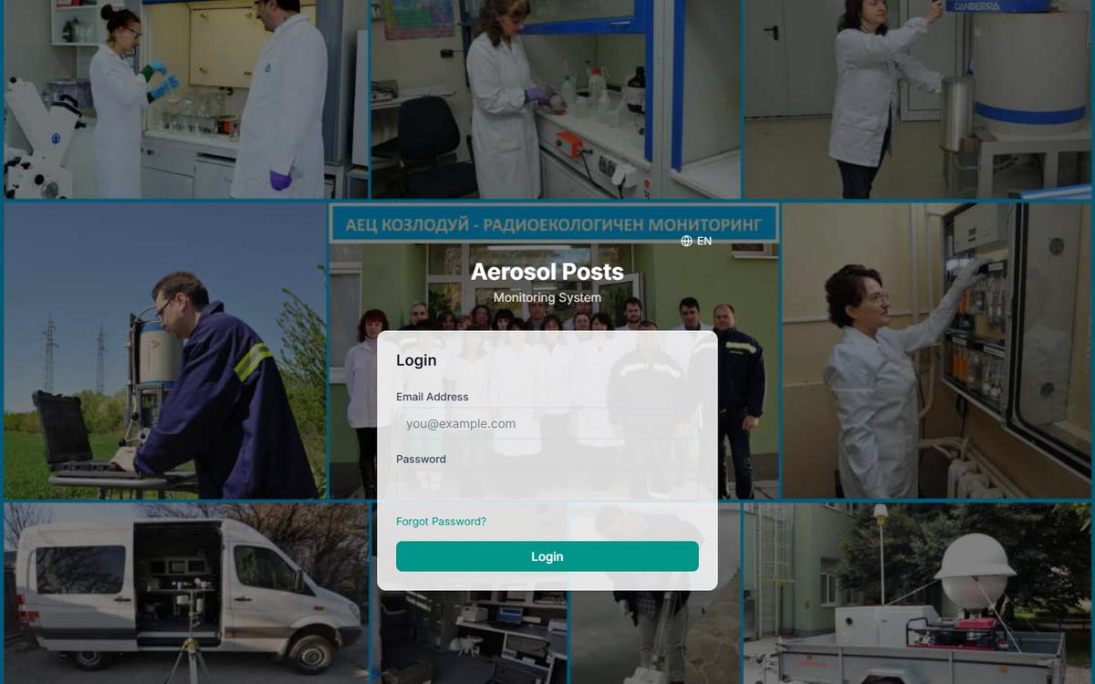 Aerosol Posts monitoring platform login screen over field photos of monitoring equipment