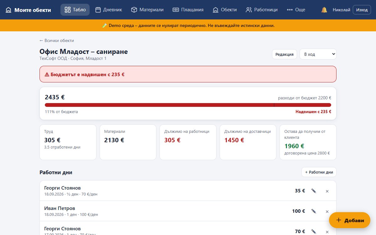Build Help: страница на обект с предупреждение за надвишен бюджет и списък на работните дни